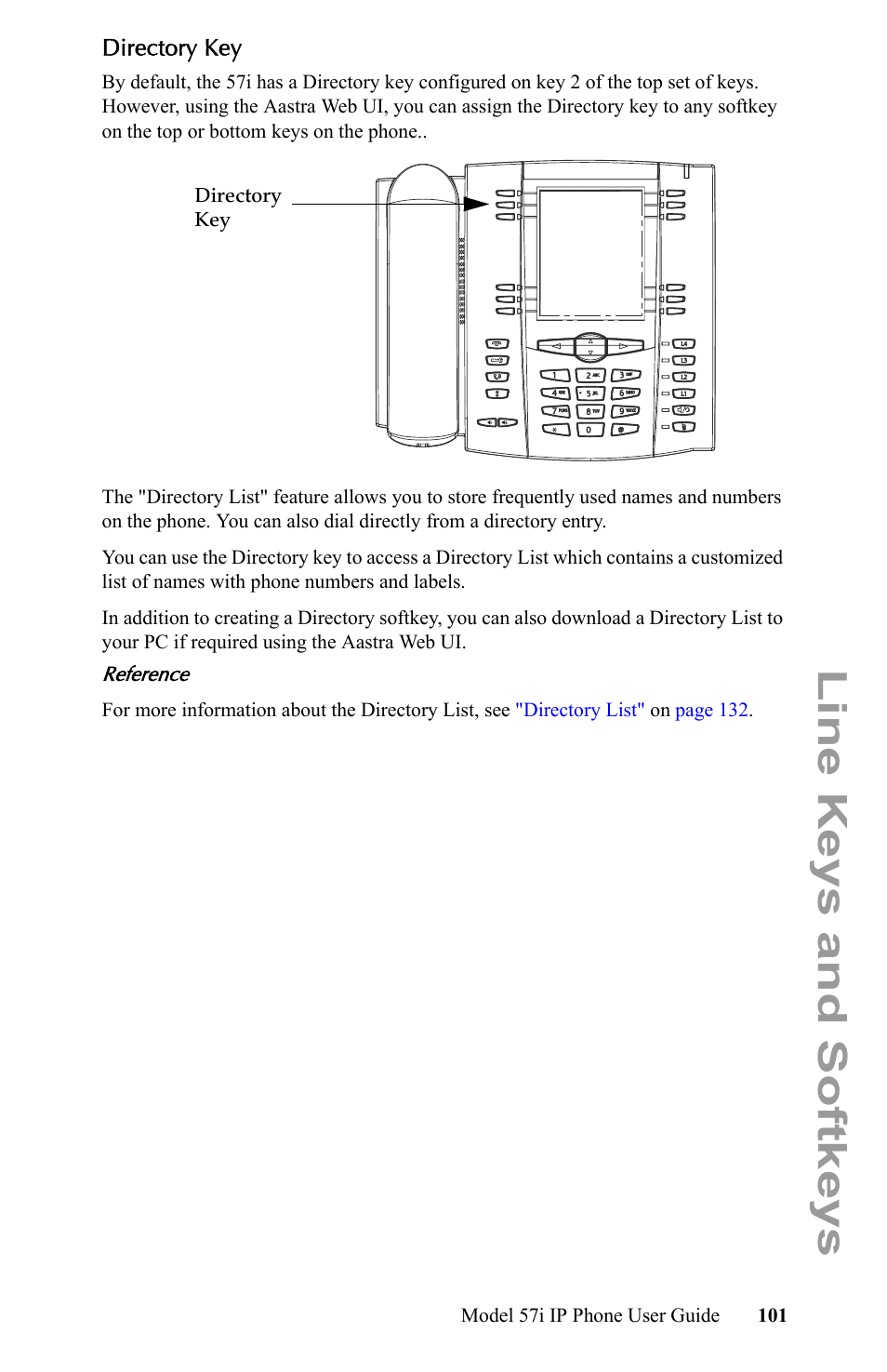 Directory key, Line keys and softkeys | Aastra Telecom IP Phone User Manual | Page 109 / 210