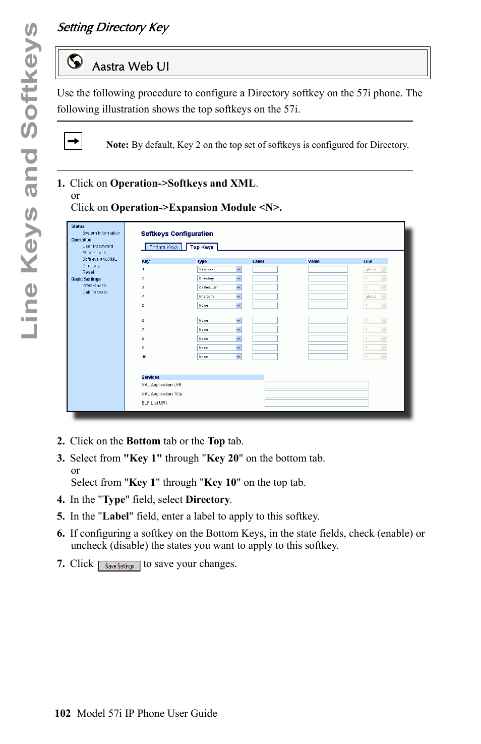 Setting directory key, Line keys and softkeys | Aastra Telecom IP Phone User Manual | Page 110 / 210