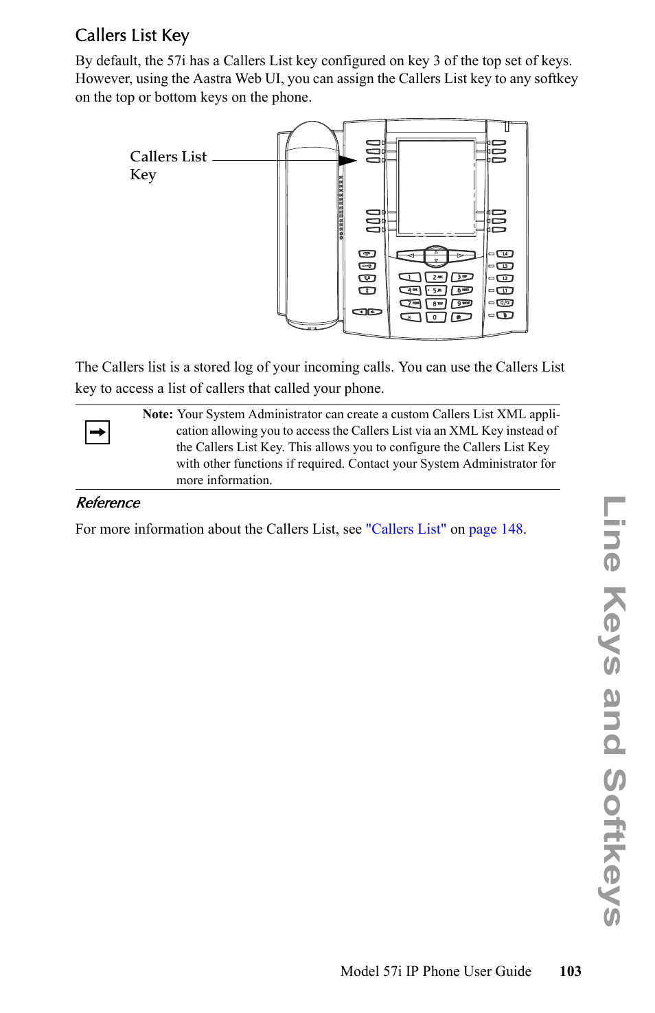 Callers list key, Line keys and softkeys | Aastra Telecom IP Phone User Manual | Page 111 / 210