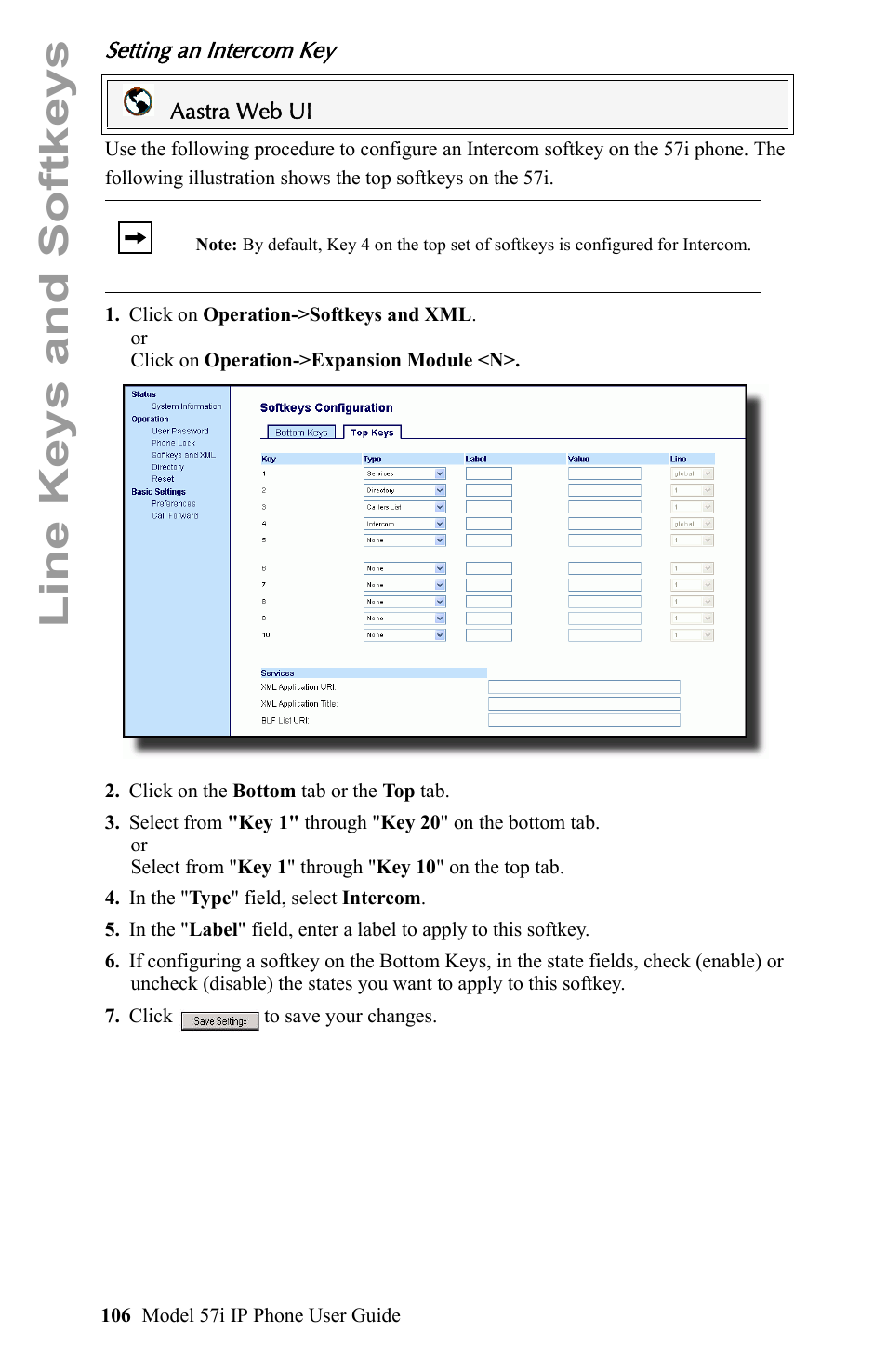 Setting an intercom key, Line keys and softkeys | Aastra Telecom IP Phone User Manual | Page 114 / 210