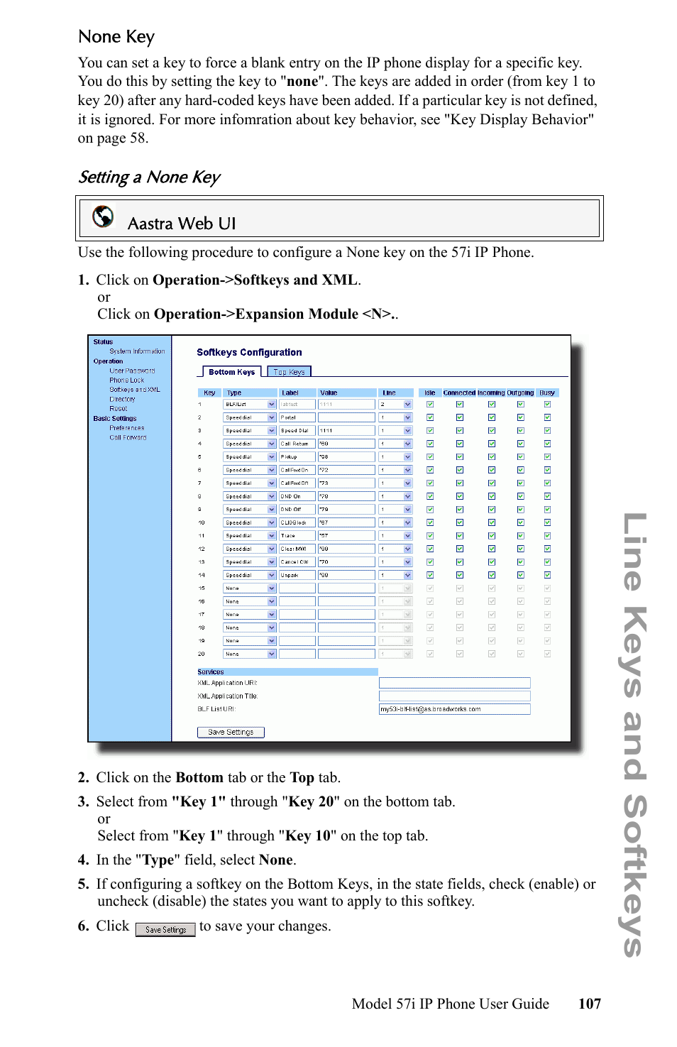 None key, Setting a none key, Line keys and softkeys | Aastra Telecom IP Phone User Manual | Page 115 / 210