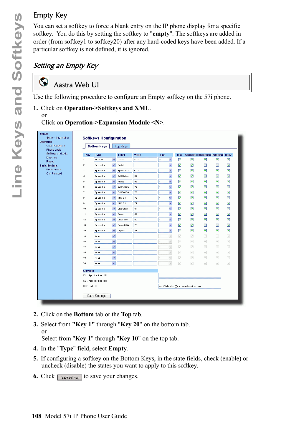 Empty key, Setting an empty key, Line keys and softkeys | Aastra Telecom IP Phone User Manual | Page 116 / 210