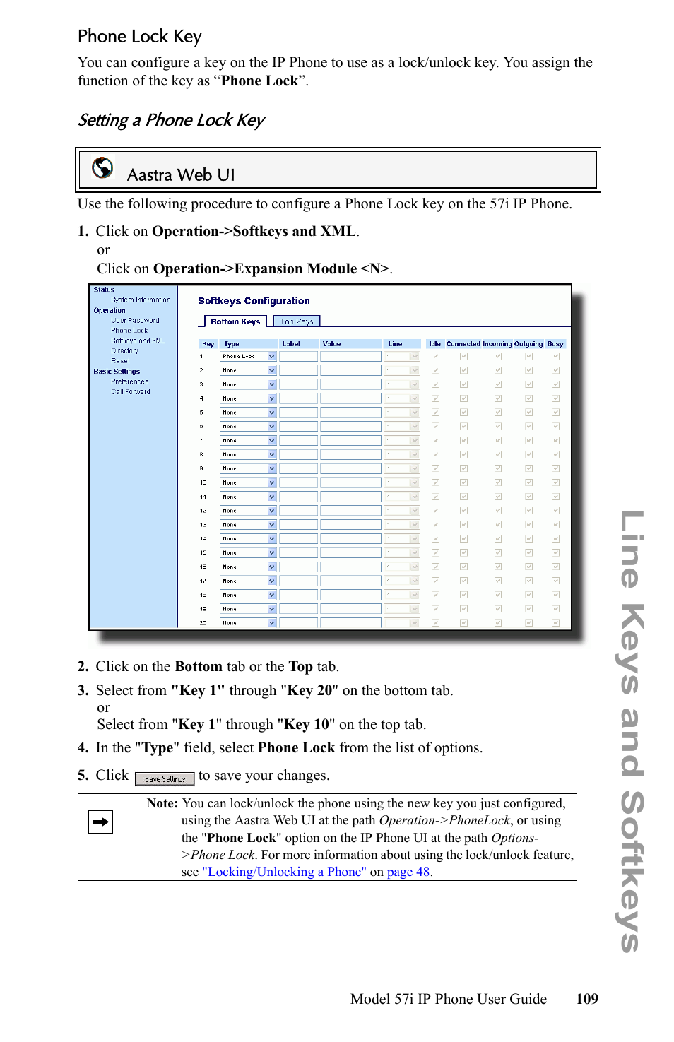 Phone lock key, Setting a phone lock key, On your phone, see | Line keys and softkeys | Aastra Telecom IP Phone User Manual | Page 117 / 210