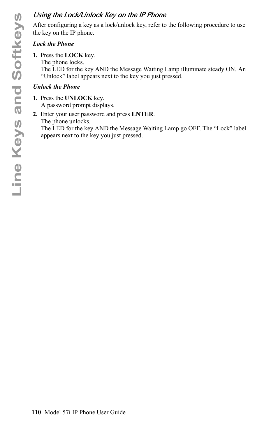 Using the lock/unlock key on the ip phone, Line keys and softkeys | Aastra Telecom IP Phone User Manual | Page 118 / 210