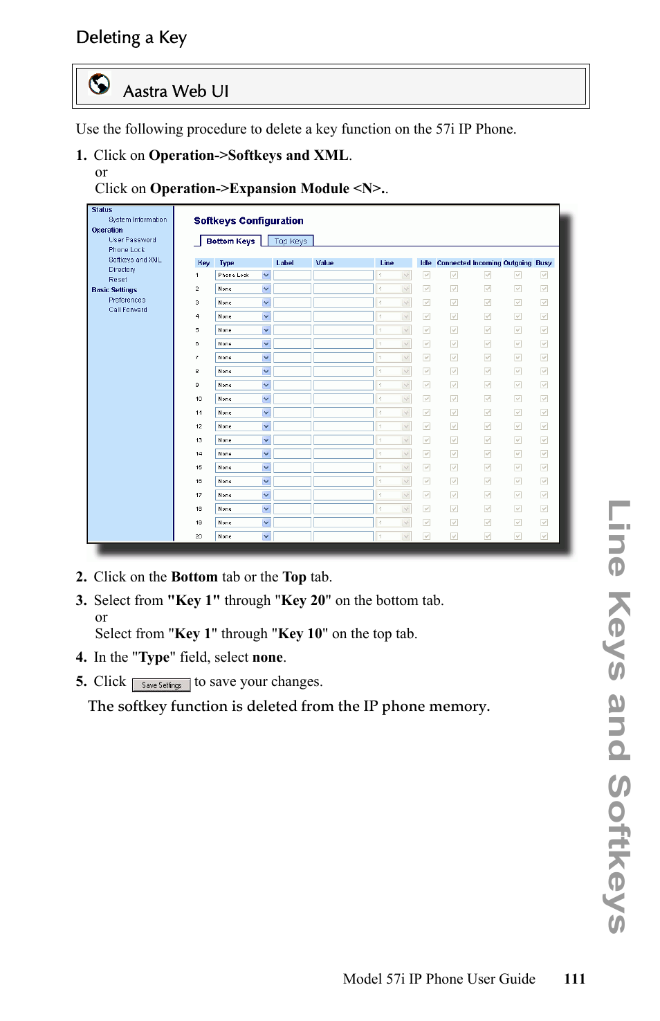 Deleting a key, Line keys and softkeys | Aastra Telecom IP Phone User Manual | Page 119 / 210