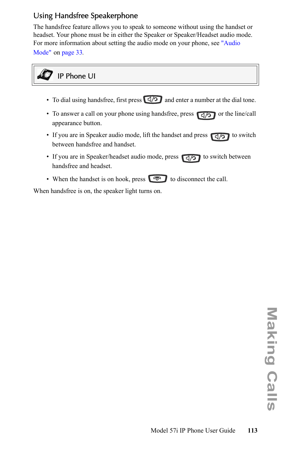 Using handsfree speakerphone, Making calls | Aastra Telecom IP Phone User Manual | Page 121 / 210