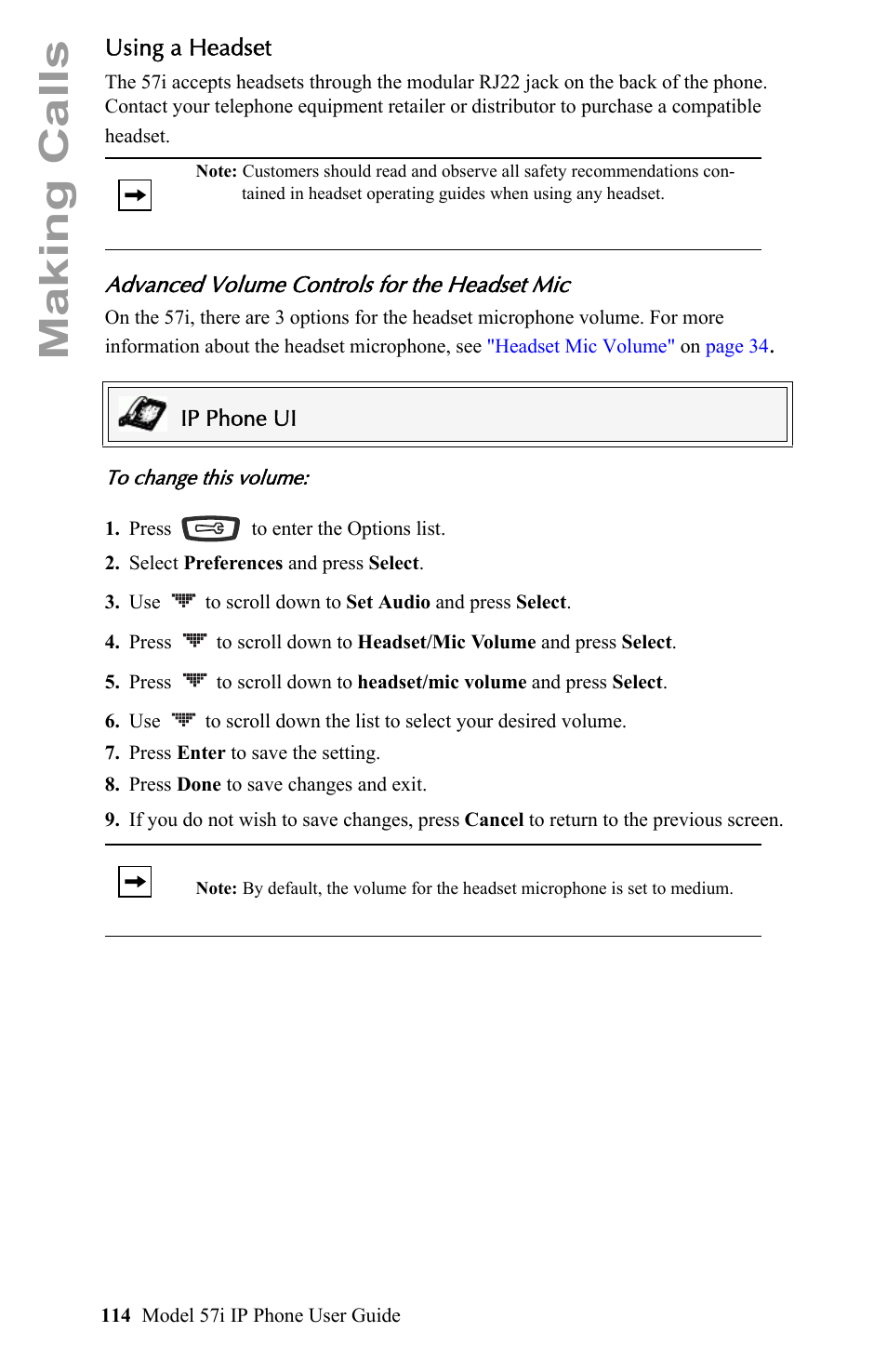 Using a headset, Advanced volume controls for the headset mic, Making calls | Aastra Telecom IP Phone User Manual | Page 122 / 210