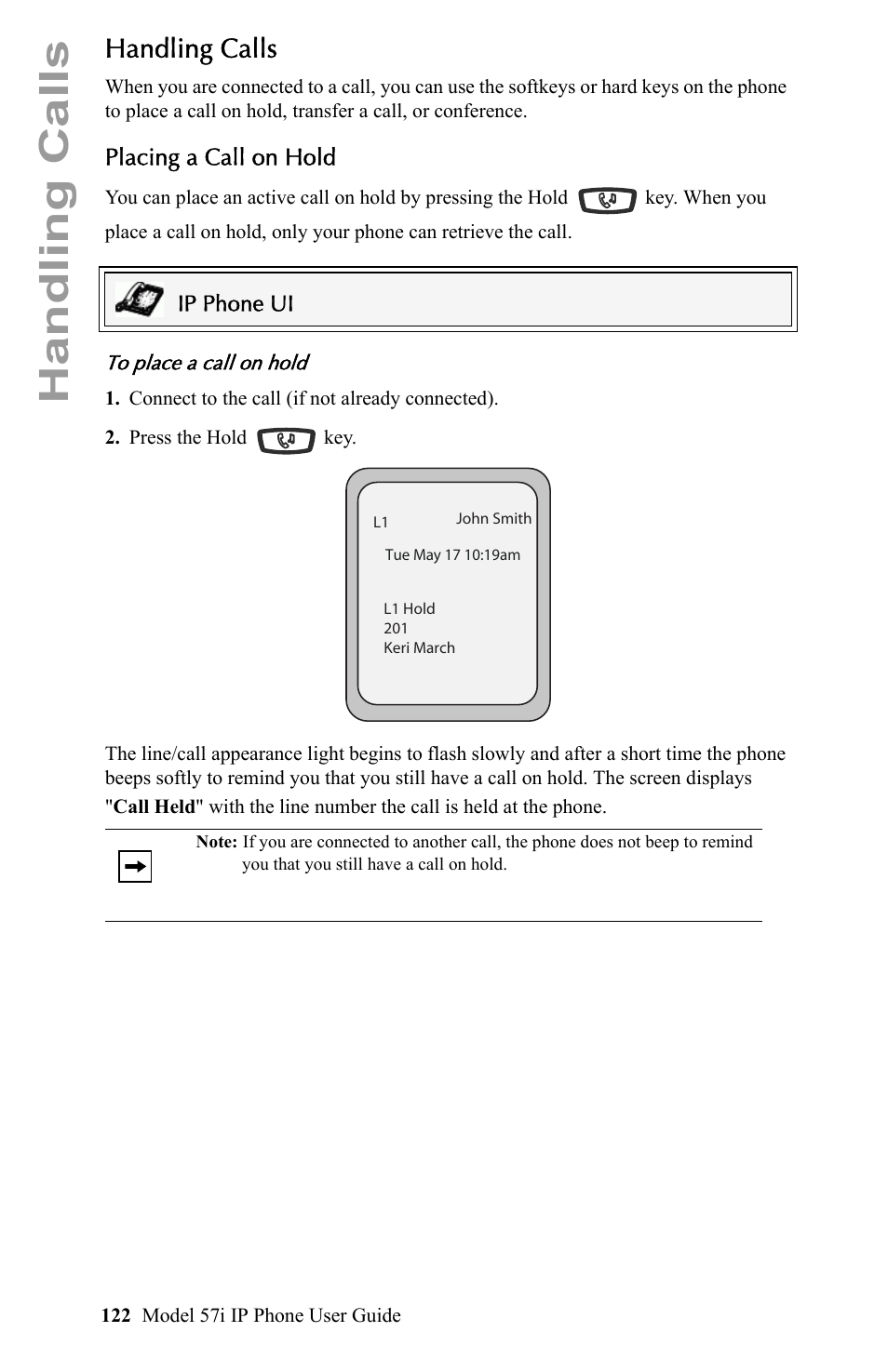 Handling calls, Placing a call on hold | Aastra Telecom IP Phone User Manual | Page 130 / 210