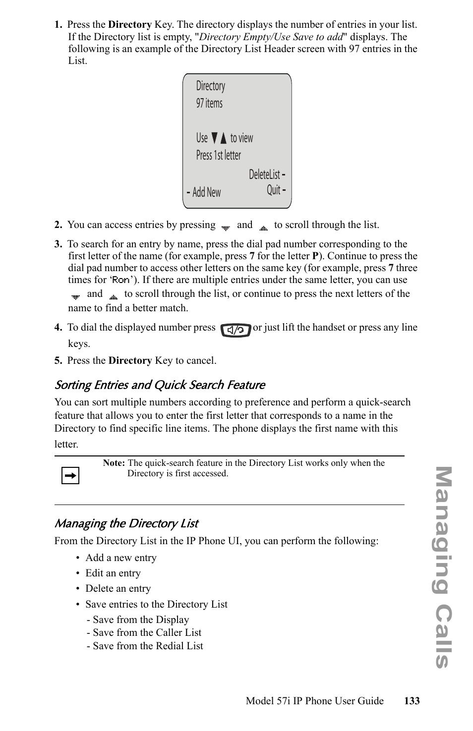 Sorting entries and quick search feature, Managing the directory list, Managing calls | Aastra Telecom IP Phone User Manual | Page 141 / 210