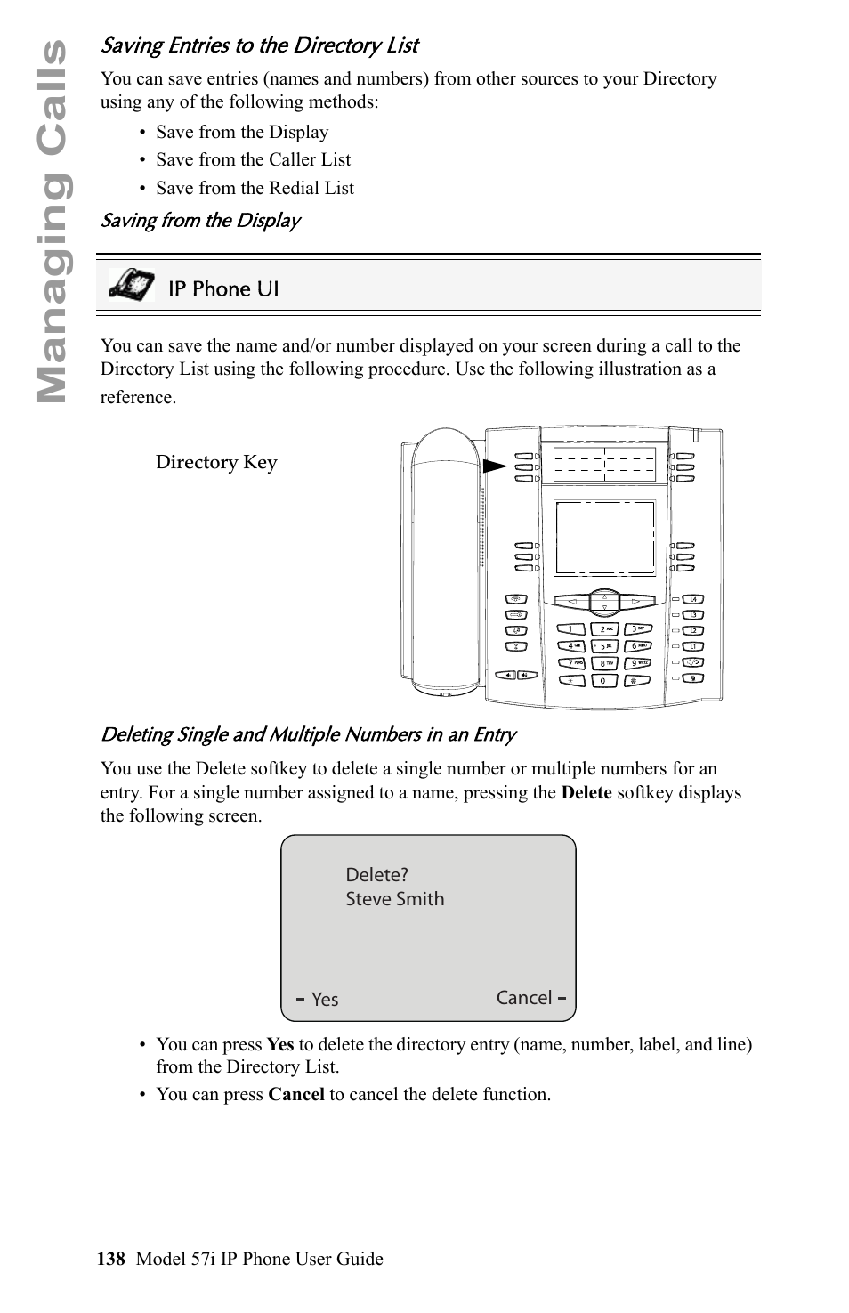 Saving entries to the directory list, Managing calls | Aastra Telecom IP Phone User Manual | Page 146 / 210