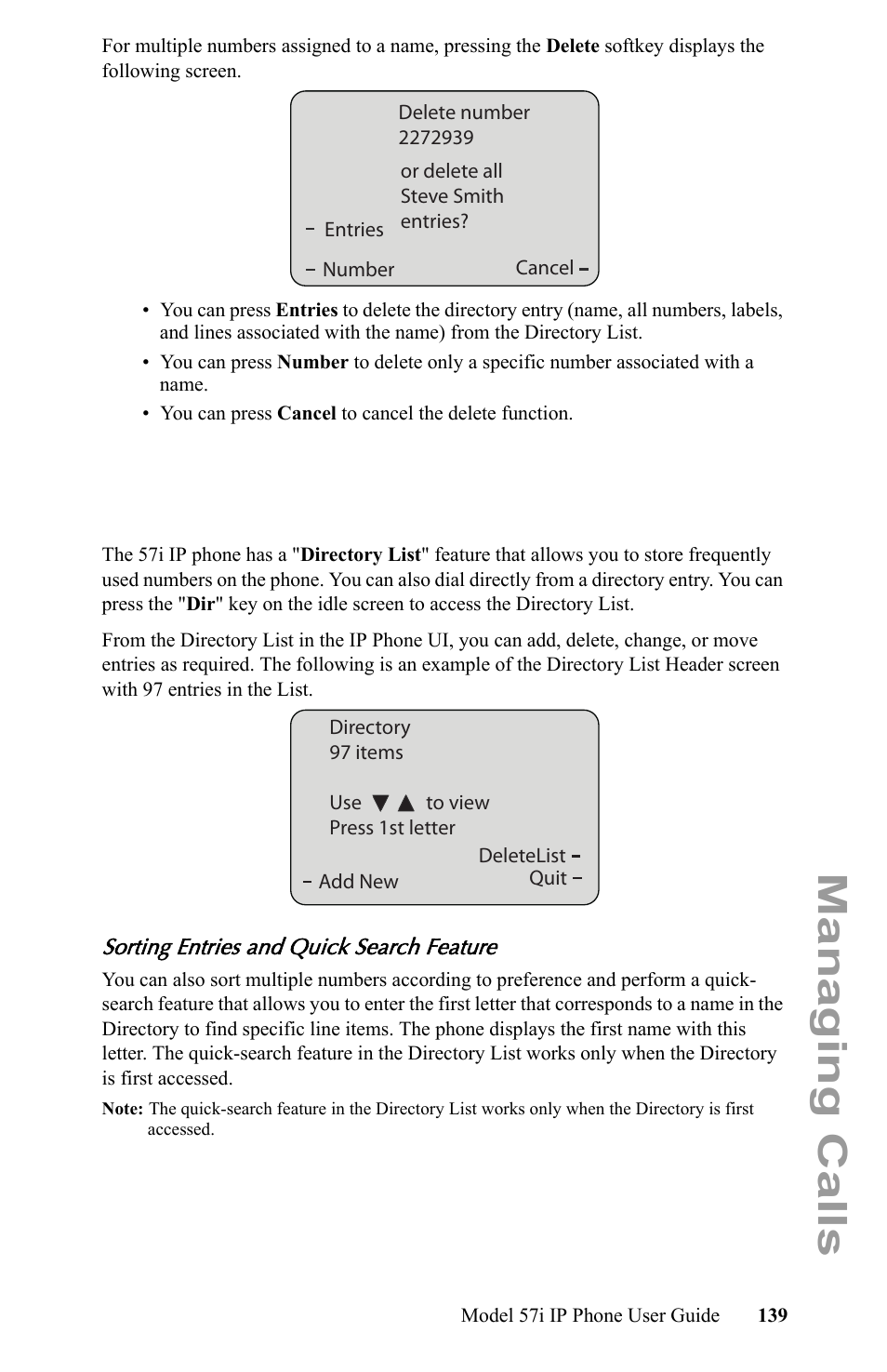 Sorting entries and quick search feature, Managing calls | Aastra Telecom IP Phone User Manual | Page 147 / 210