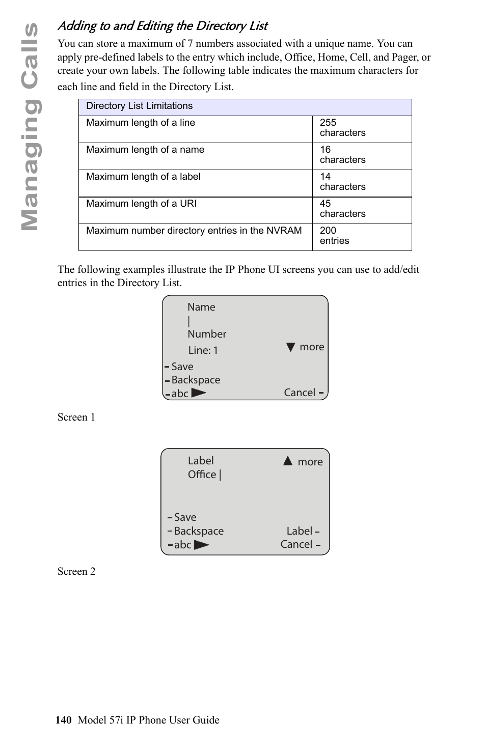 Adding to and editing the directory list, Managing calls | Aastra Telecom IP Phone User Manual | Page 148 / 210