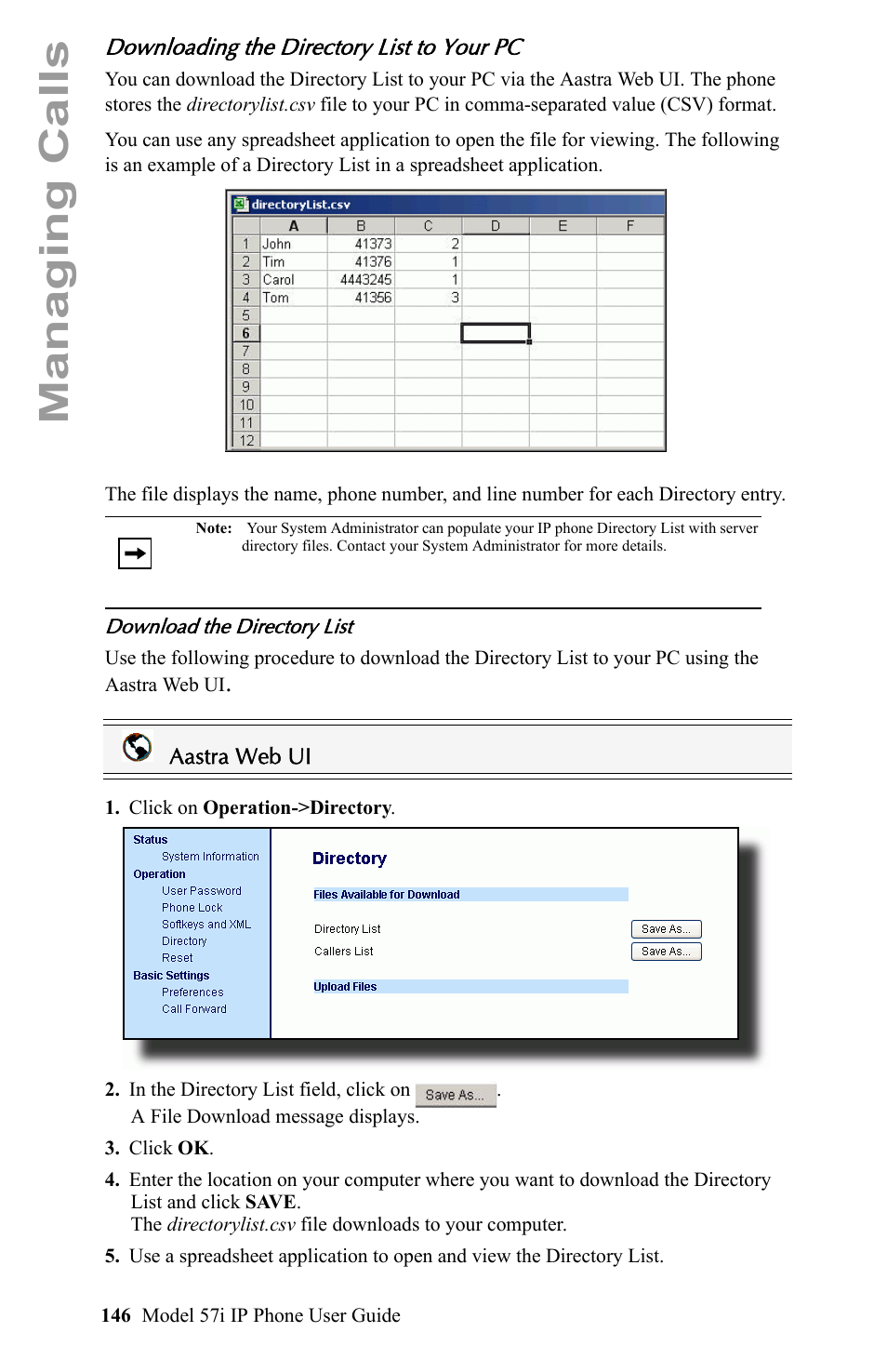 Downloading the directory list to your pc, Managing calls | Aastra Telecom IP Phone User Manual | Page 154 / 210