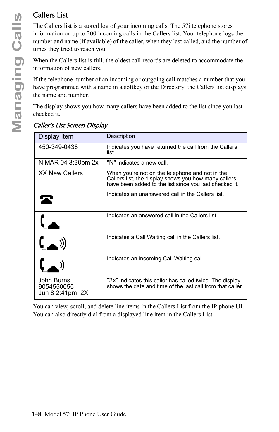 Callers list, Managing calls | Aastra Telecom IP Phone User Manual | Page 156 / 210