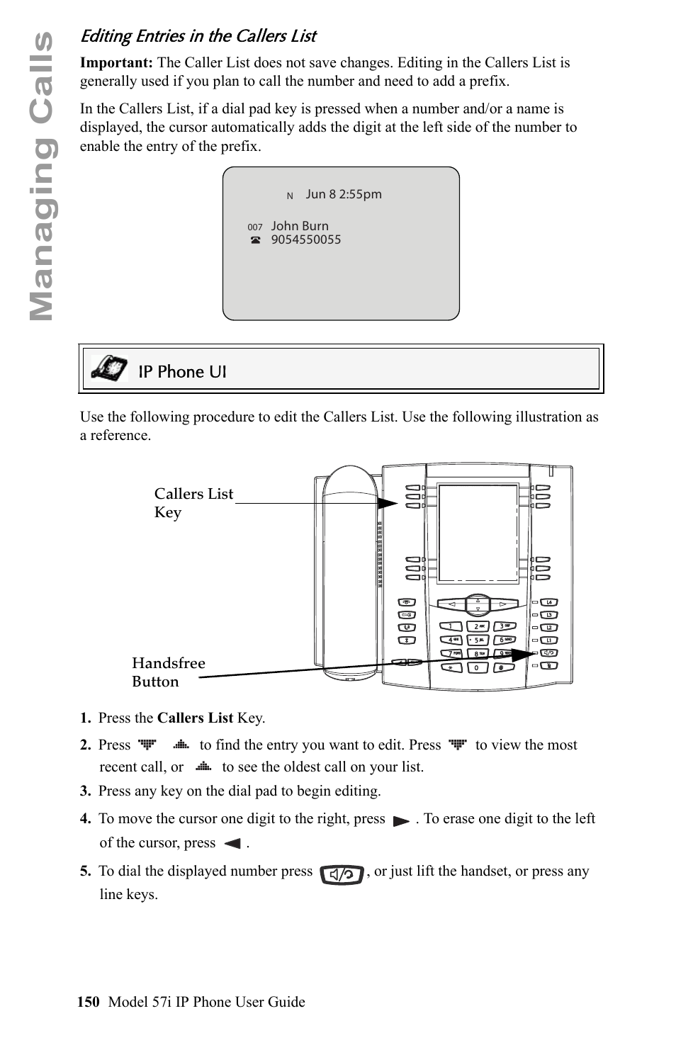 Editing entries in the callers list, Managing calls | Aastra Telecom IP Phone User Manual | Page 158 / 210