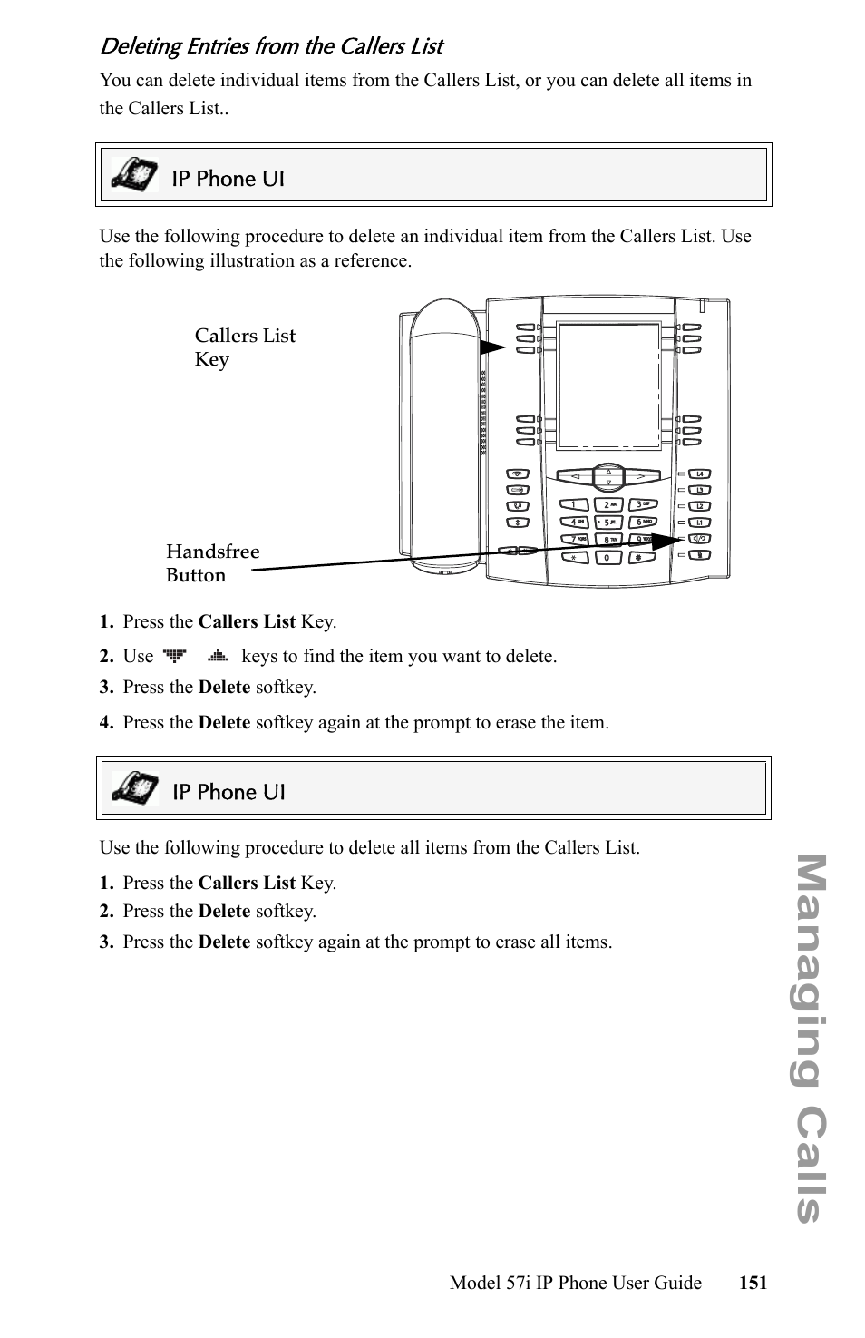 Deleting entries from the callers list, Managing calls | Aastra Telecom IP Phone User Manual | Page 159 / 210