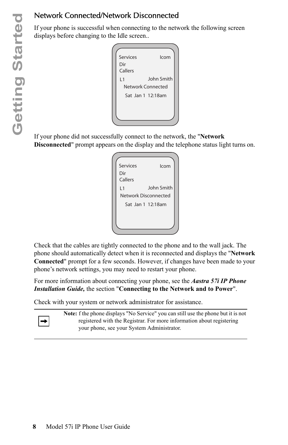 Network connected/network disconnected, Getting started | Aastra Telecom IP Phone User Manual | Page 16 / 210