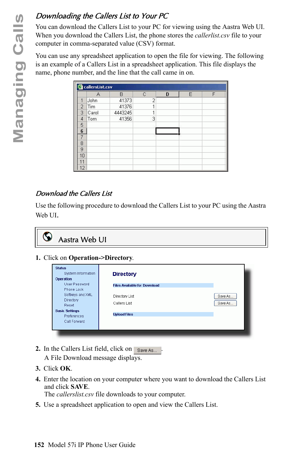 Downloading the callers list to your pc, Managing calls | Aastra Telecom IP Phone User Manual | Page 160 / 210