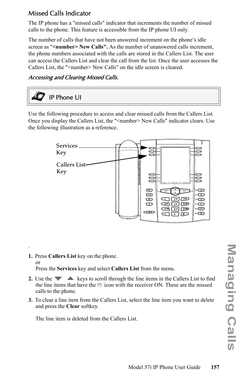 Missed calls indicator, Managing calls | Aastra Telecom IP Phone User Manual | Page 165 / 210