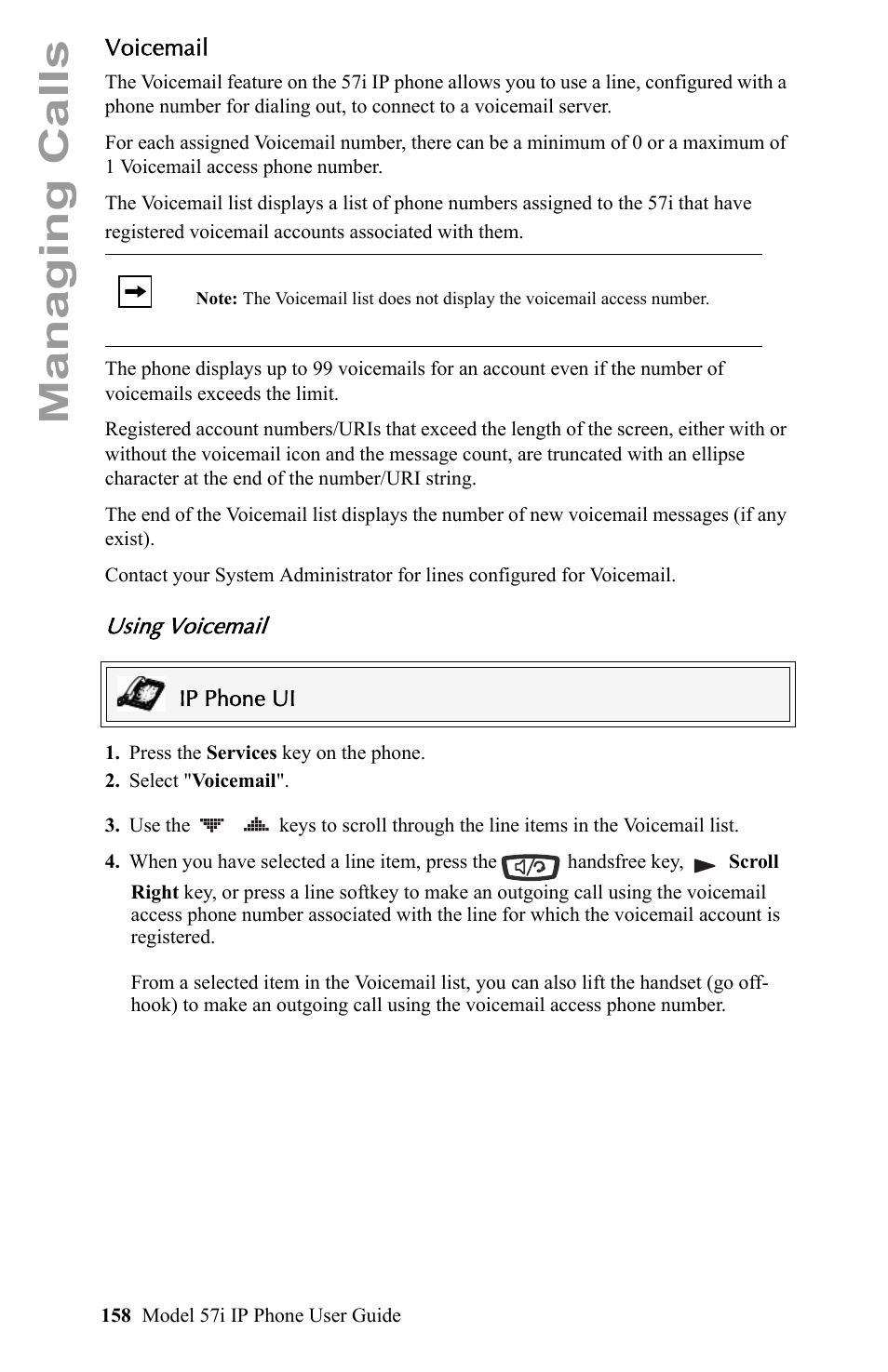 Voicemail, Using voicemail, Managing calls | Aastra Telecom IP Phone User Manual | Page 166 / 210