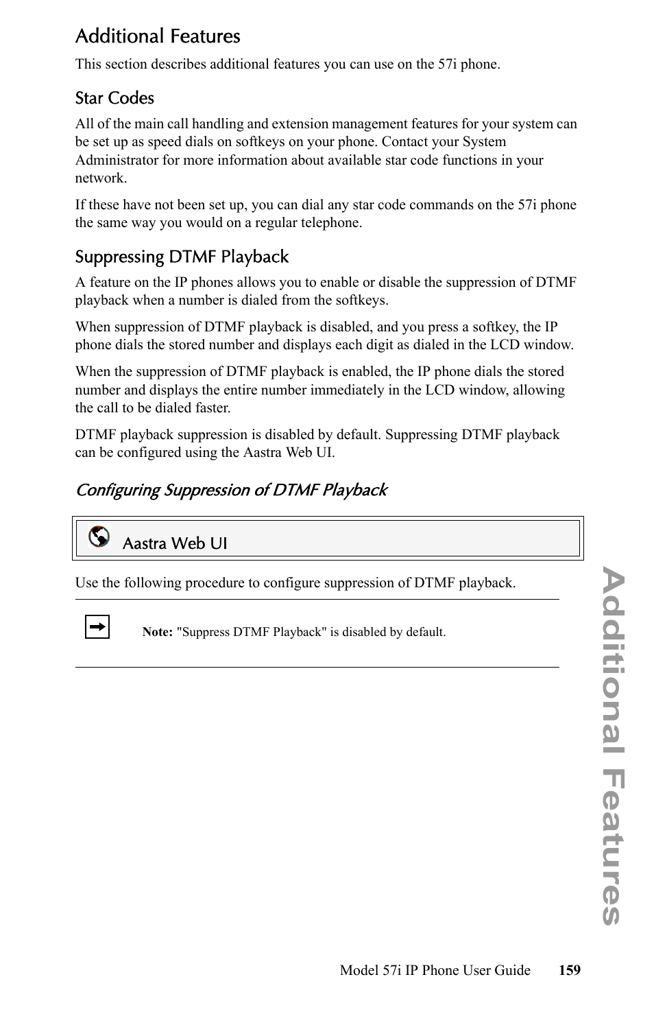 Additional features, Star codes, Suppressing dtmf playback | Configuring suppression of dtmf playback, Star codes suppressing dtmf playback | Aastra Telecom IP Phone User Manual | Page 167 / 210