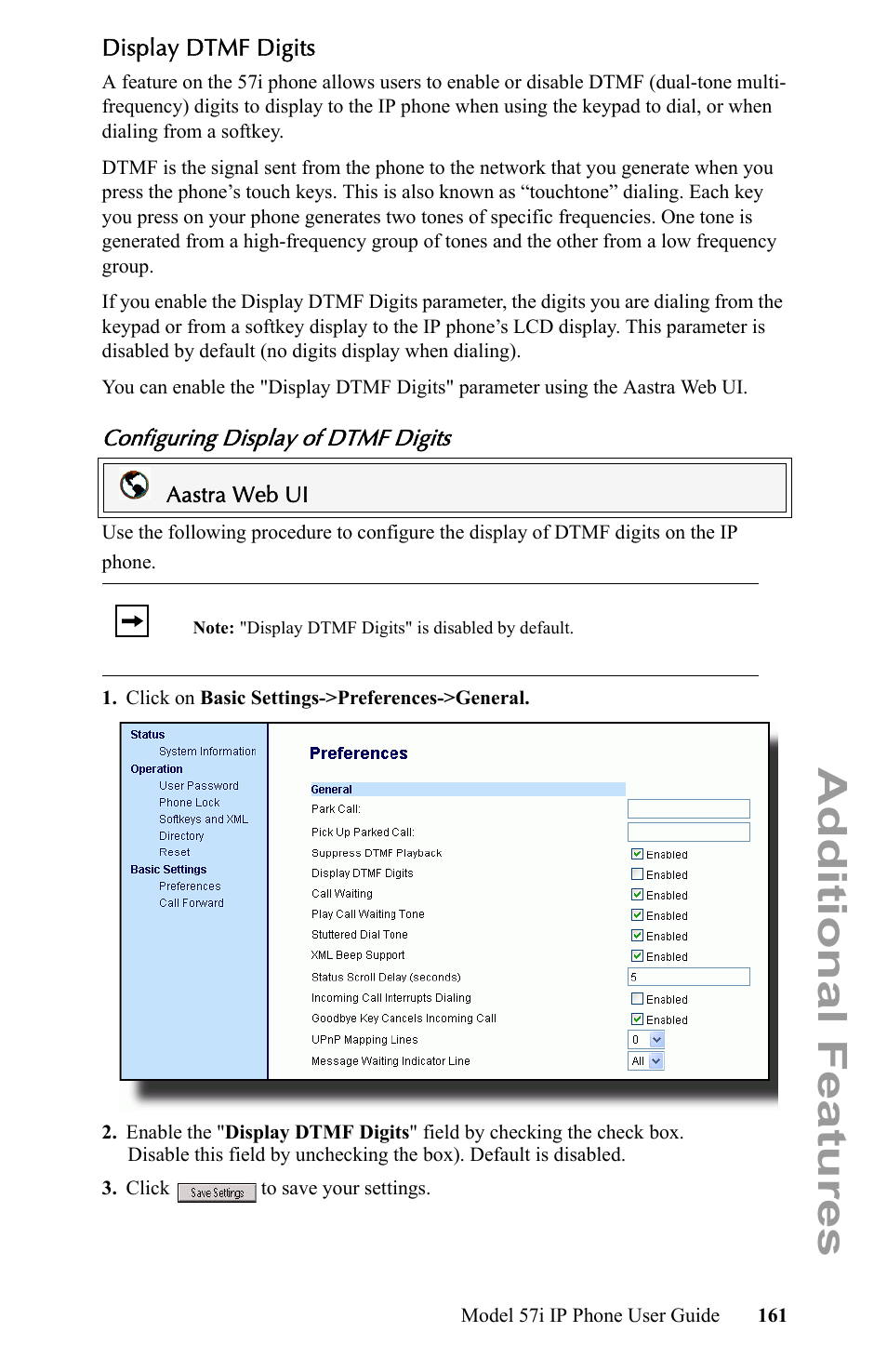 Display dtmf digits, Configuring display of dtmf digits, Additional features | Aastra Telecom IP Phone User Manual | Page 169 / 210