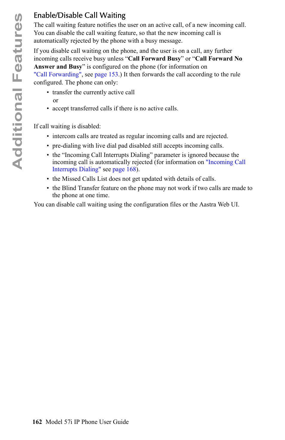 Enable/disable call waiting, Additional features | Aastra Telecom IP Phone User Manual | Page 170 / 210
