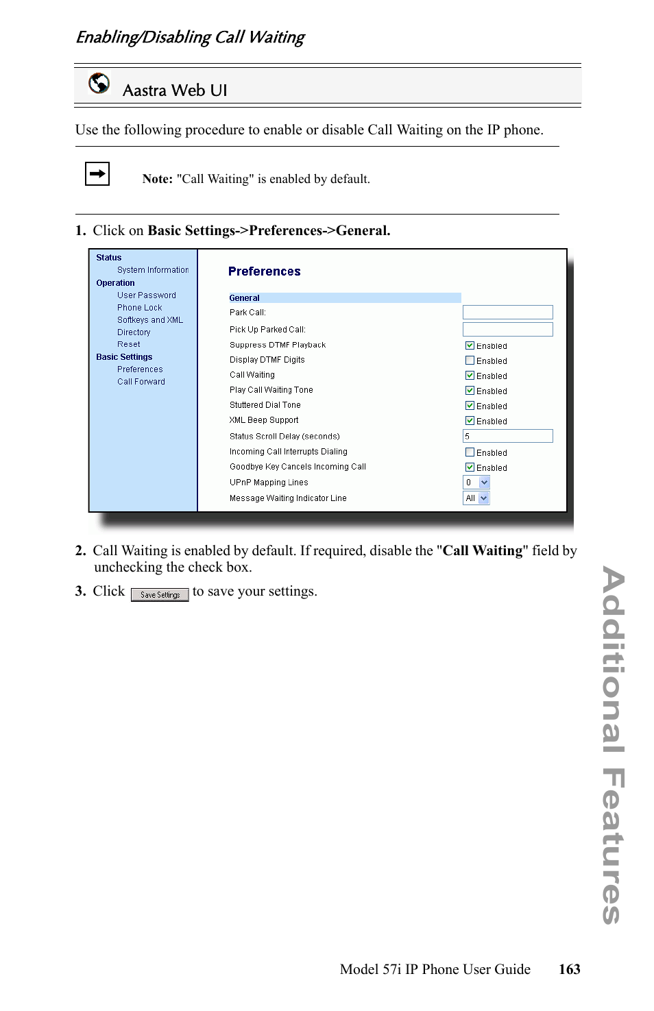 Enabling/disabling call waiting, Additional features | Aastra Telecom IP Phone User Manual | Page 171 / 210