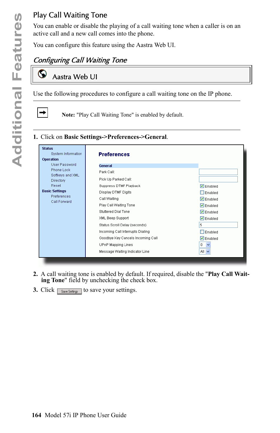 Play call waiting tone, Configuring call waiting tone, Additional features | Aastra Telecom IP Phone User Manual | Page 172 / 210