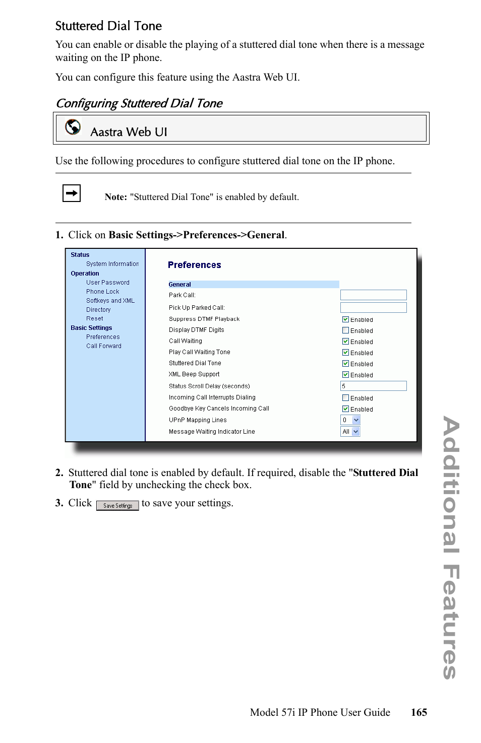 Stuttered dial tone, Configuring stuttered dial tone, Additional features | Aastra Telecom IP Phone User Manual | Page 173 / 210