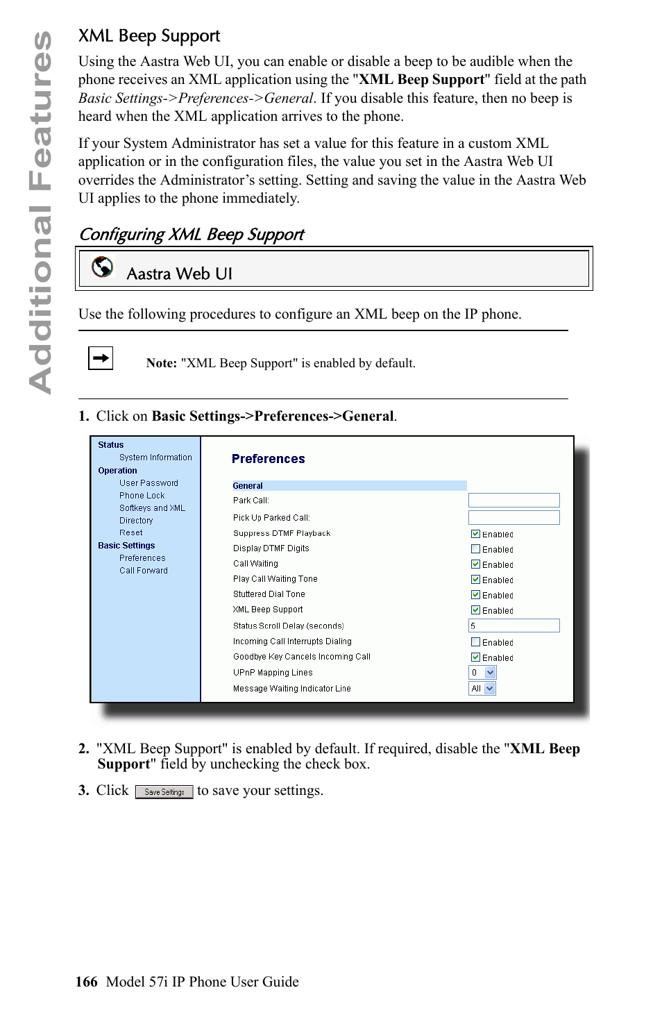 Xml beep support, Configuring xml beep support, Additional features | Aastra Telecom IP Phone User Manual | Page 174 / 210