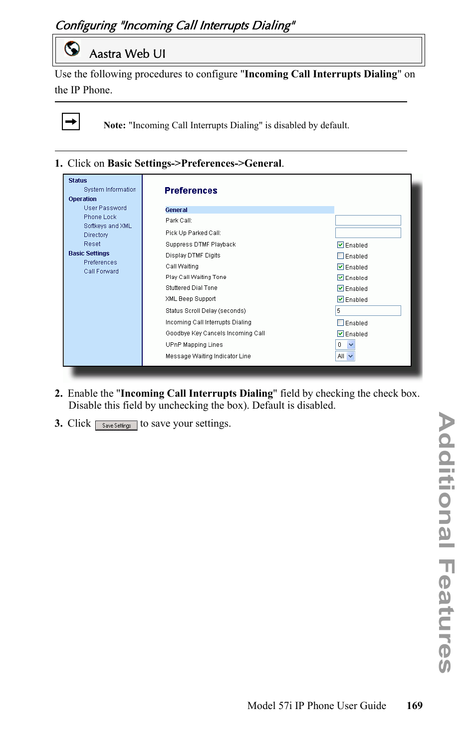 Configuring "incoming call interrupts dialing, Additional features | Aastra Telecom IP Phone User Manual | Page 177 / 210