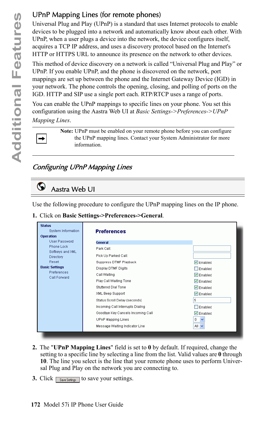 Upnp mapping lines (for remote phones), Configuring upnp mapping lines, Additional features | Aastra Telecom IP Phone User Manual | Page 180 / 210