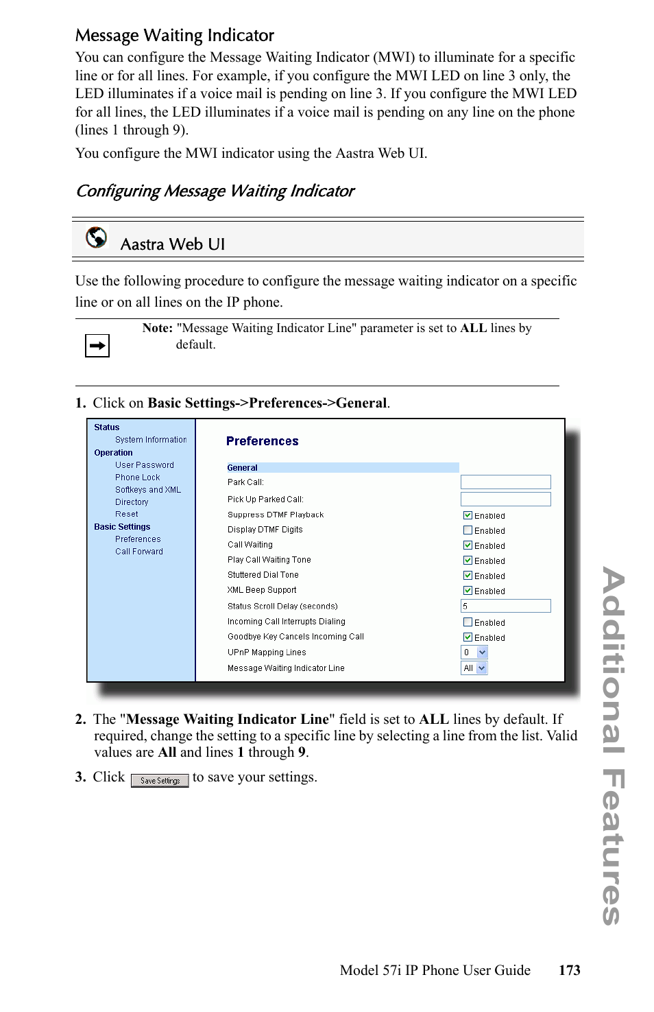 Message waiting indicator, Configuring message waiting indicator, Additional features | Aastra Telecom IP Phone User Manual | Page 181 / 210