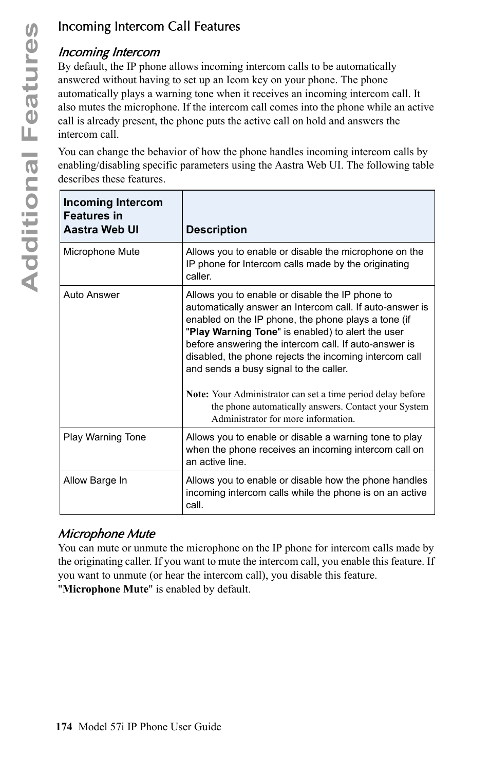 Incoming intercom call features, Incoming intercom, Microphone mute | Additional features | Aastra Telecom IP Phone User Manual | Page 182 / 210