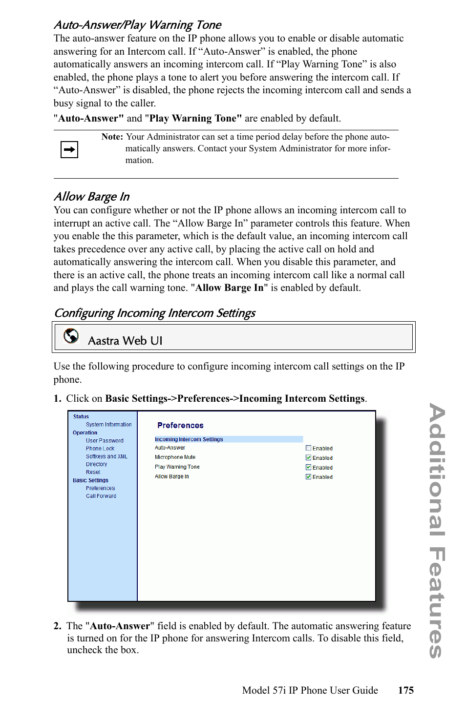 Auto-answer/play warning tone, Allow barge in, Configuring incoming intercom settings | Additional features | Aastra Telecom IP Phone User Manual | Page 183 / 210