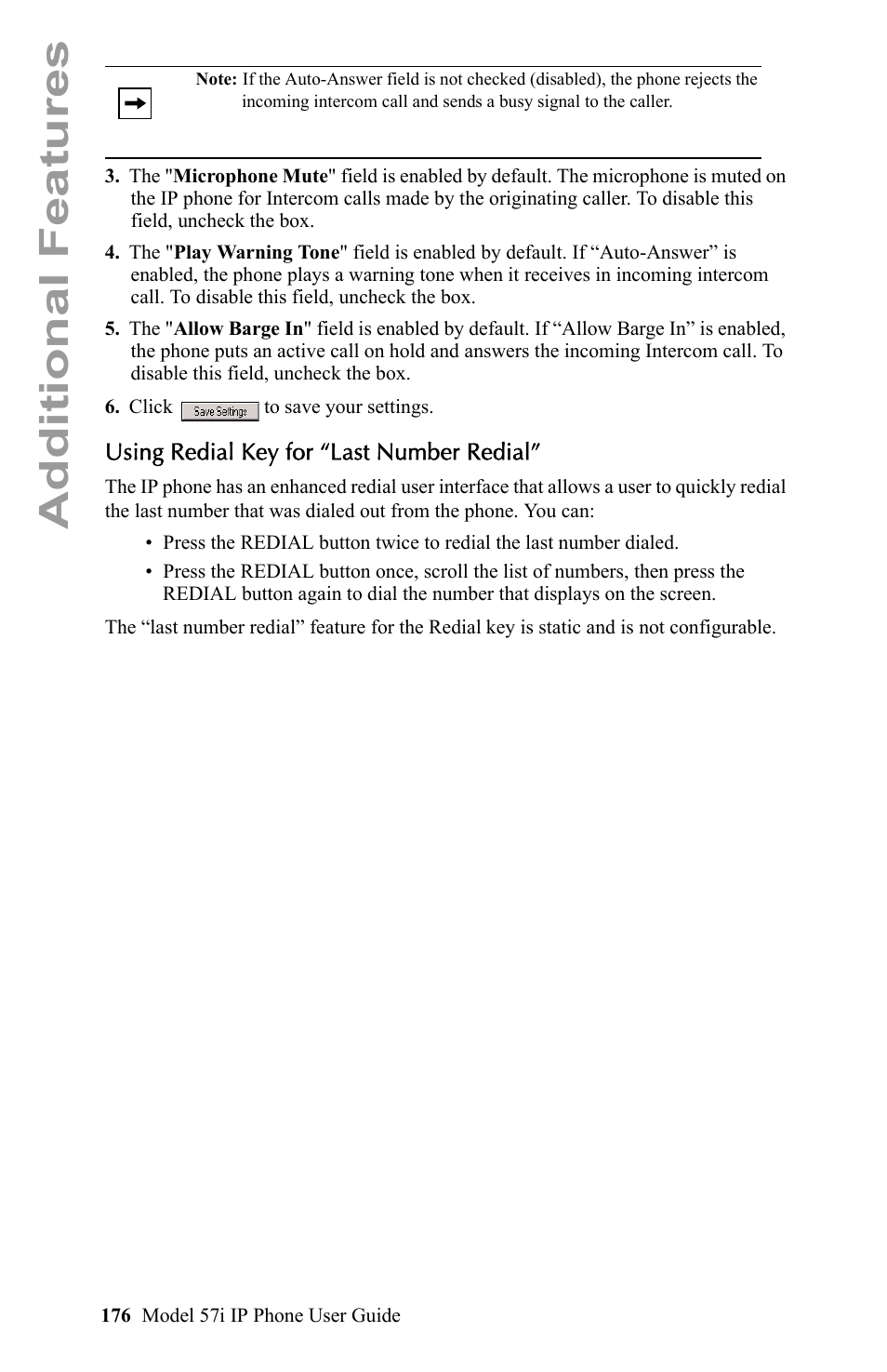 Using redial key for “last number redial, Additional features | Aastra Telecom IP Phone User Manual | Page 184 / 210