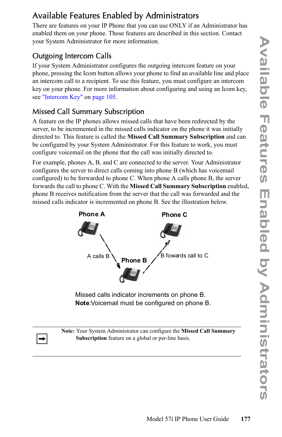 Available features enabled by administrators, Outgoing intercom calls, Missed call summary subscription | Aastra Telecom IP Phone User Manual | Page 185 / 210