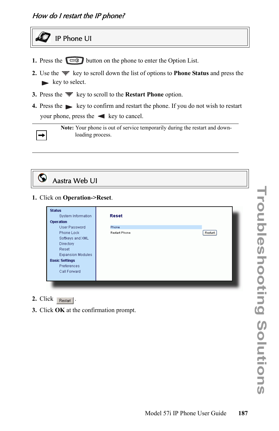 How do i restart the ip phone, Troubleshooting solutions | Aastra Telecom IP Phone User Manual | Page 195 / 210