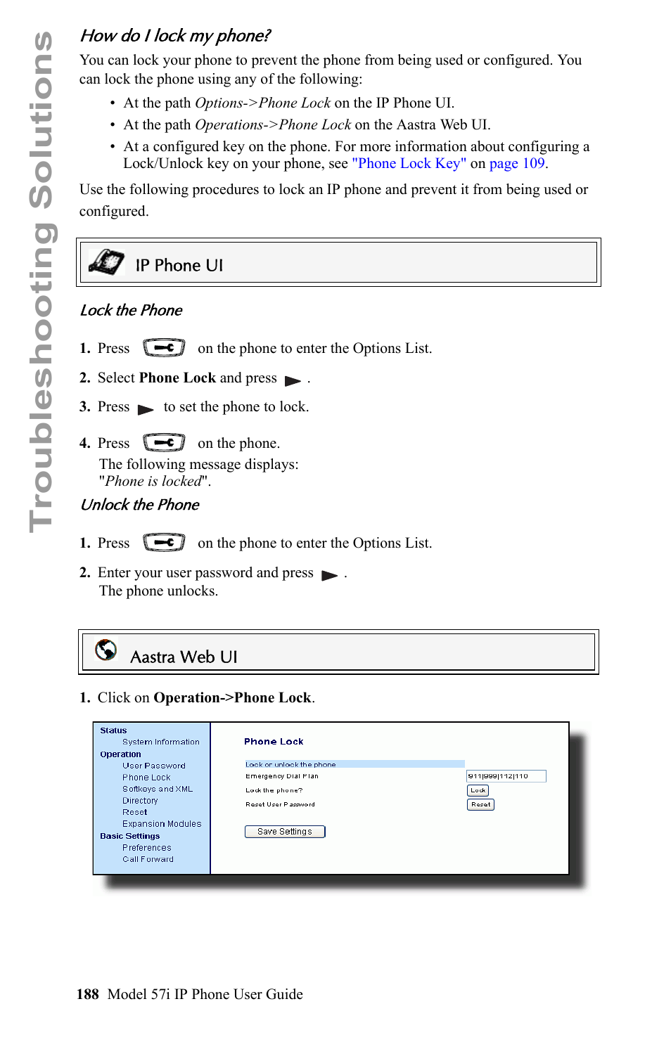 How do i lock my phone, Troubleshooting solutions | Aastra Telecom IP Phone User Manual | Page 196 / 210