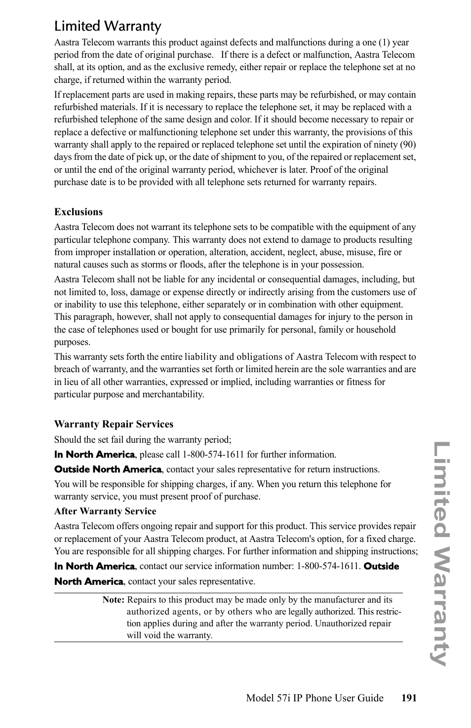 Limited warranty | Aastra Telecom IP Phone User Manual | Page 199 / 210