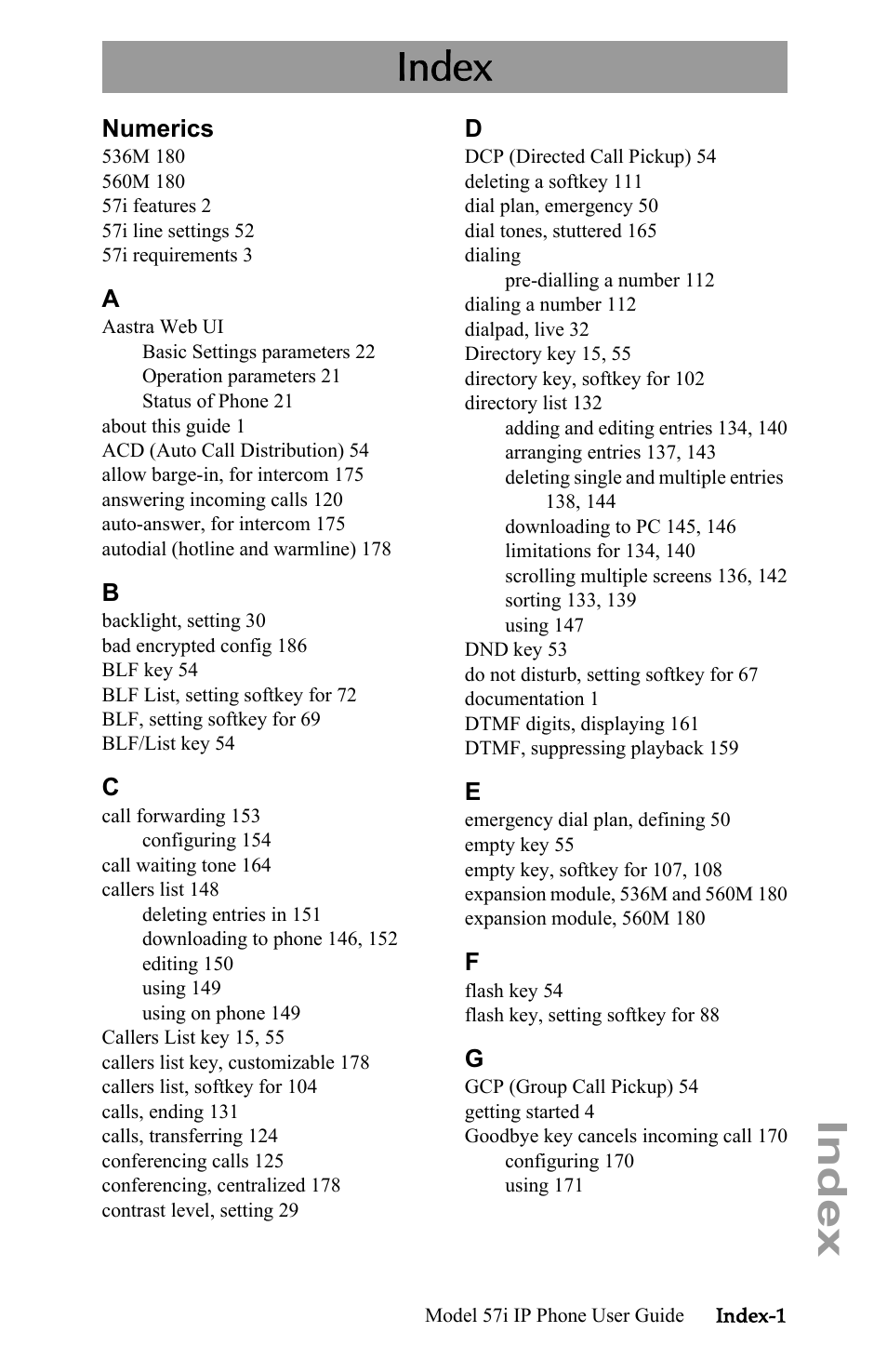 Index | Aastra Telecom IP Phone User Manual | Page 205 / 210