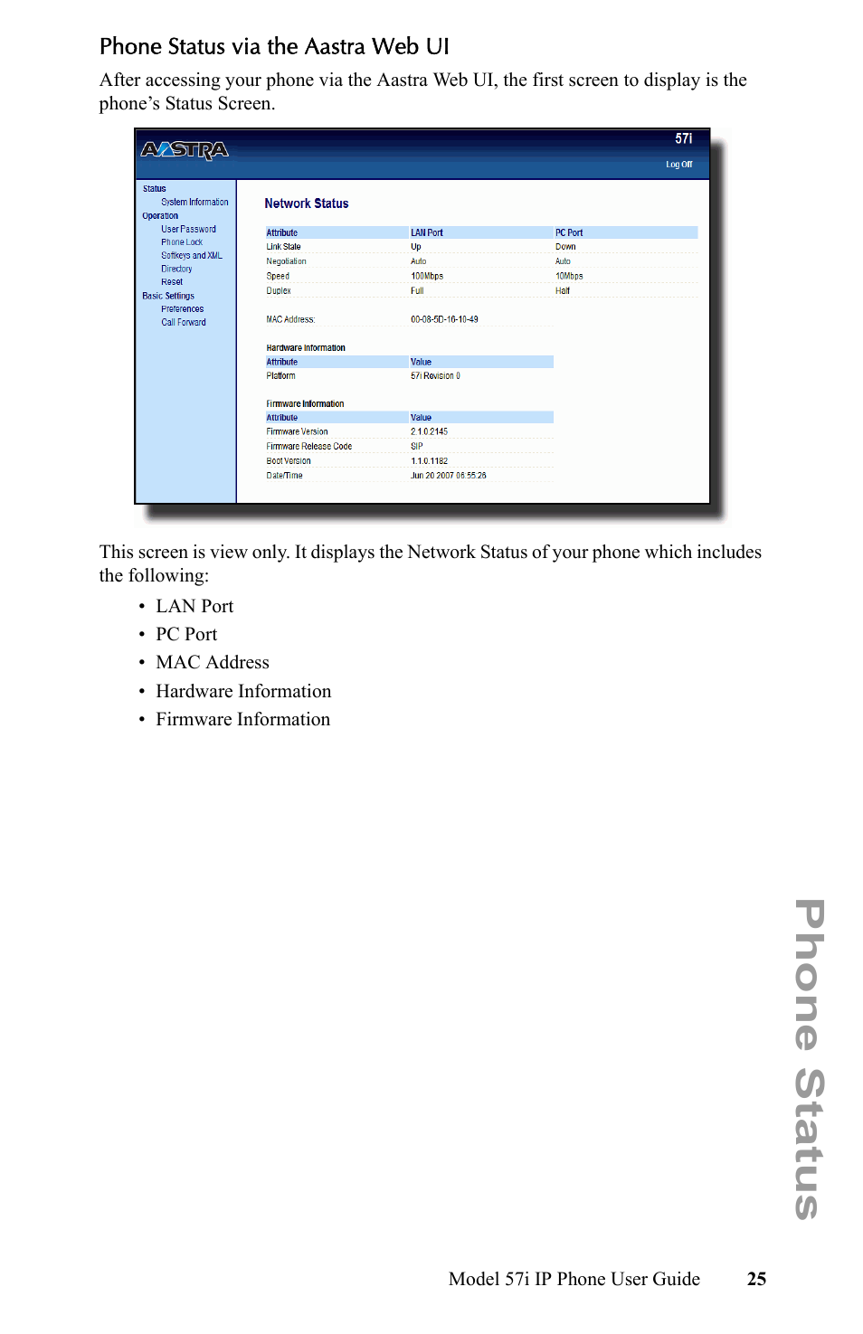 Phone status via the aastra web ui, Phone status | Aastra Telecom IP Phone User Manual | Page 33 / 210