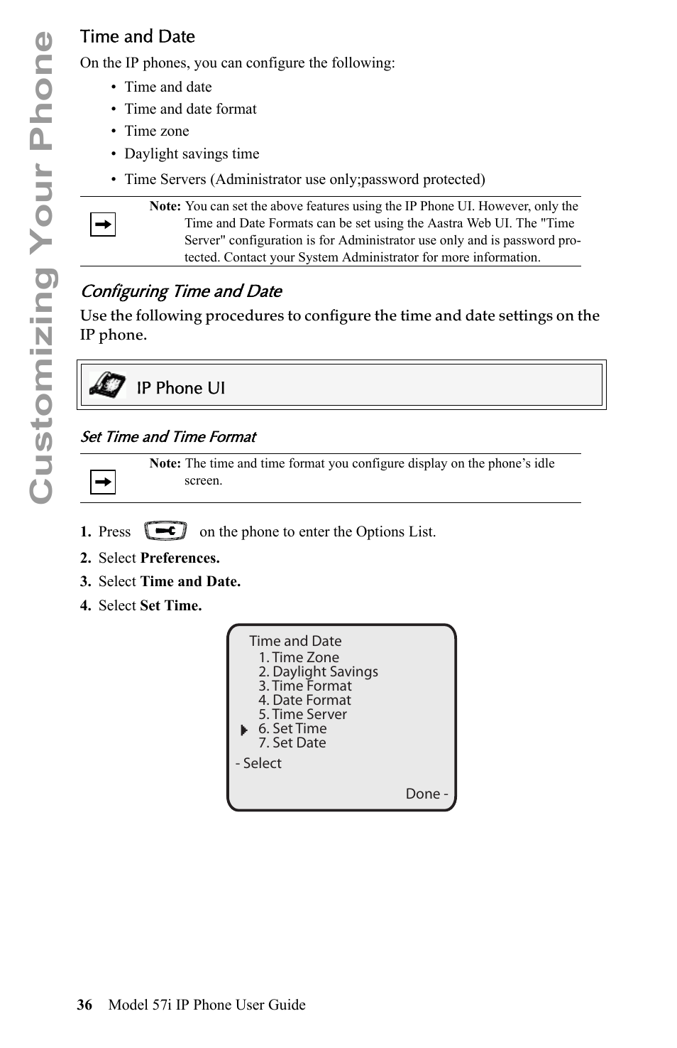 Time and date, Configuring time and date, Customizing your phone | Aastra Telecom IP Phone User Manual | Page 44 / 210