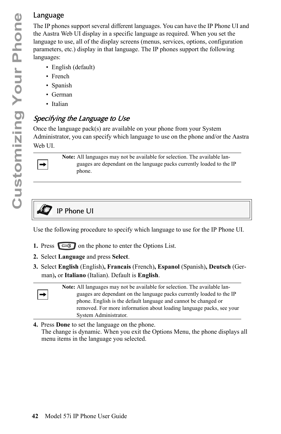 Language, Specifying the language to use, Customizing your phone | Aastra Telecom IP Phone User Manual | Page 50 / 210