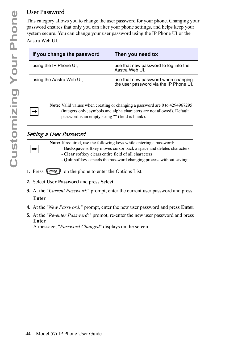 User password, Setting a user password, Customizing your phone | Aastra Telecom IP Phone User Manual | Page 52 / 210