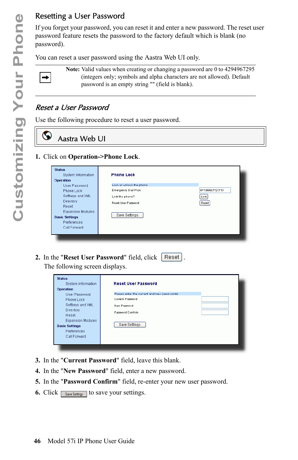 Resetting a user password, Reset a user password, Customizing your phone | Aastra Telecom IP Phone User Manual | Page 54 / 210