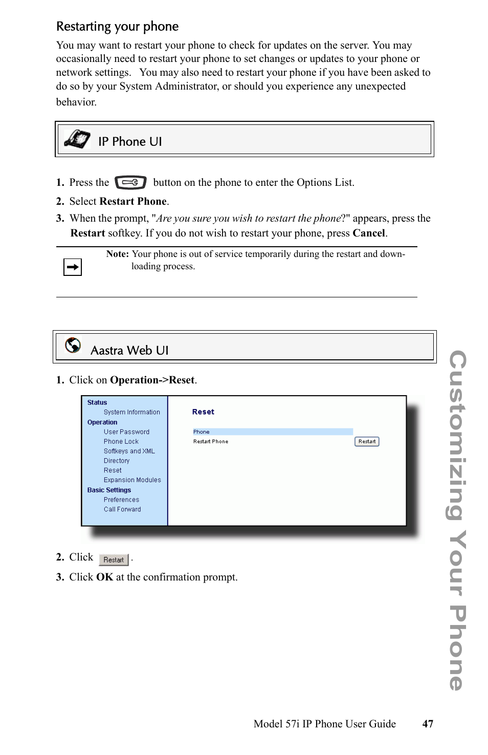 Restarting your phone, Customizing your phone | Aastra Telecom IP Phone User Manual | Page 55 / 210