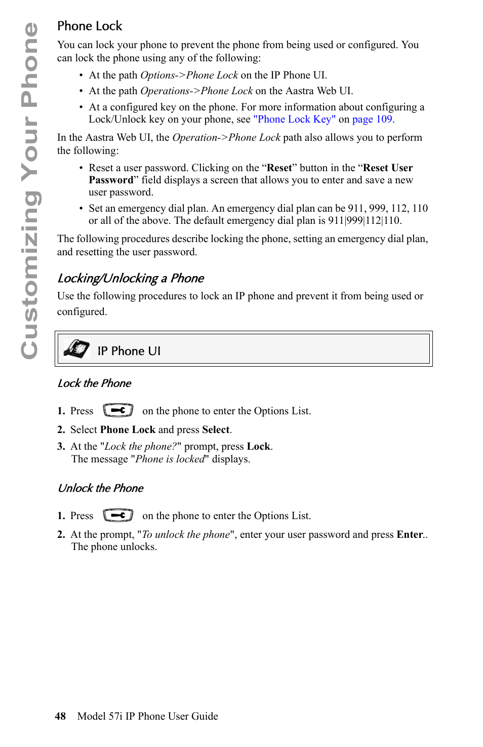 Phone lock, Locking/unlocking a phone, Customizing your phone | Aastra Telecom IP Phone User Manual | Page 56 / 210