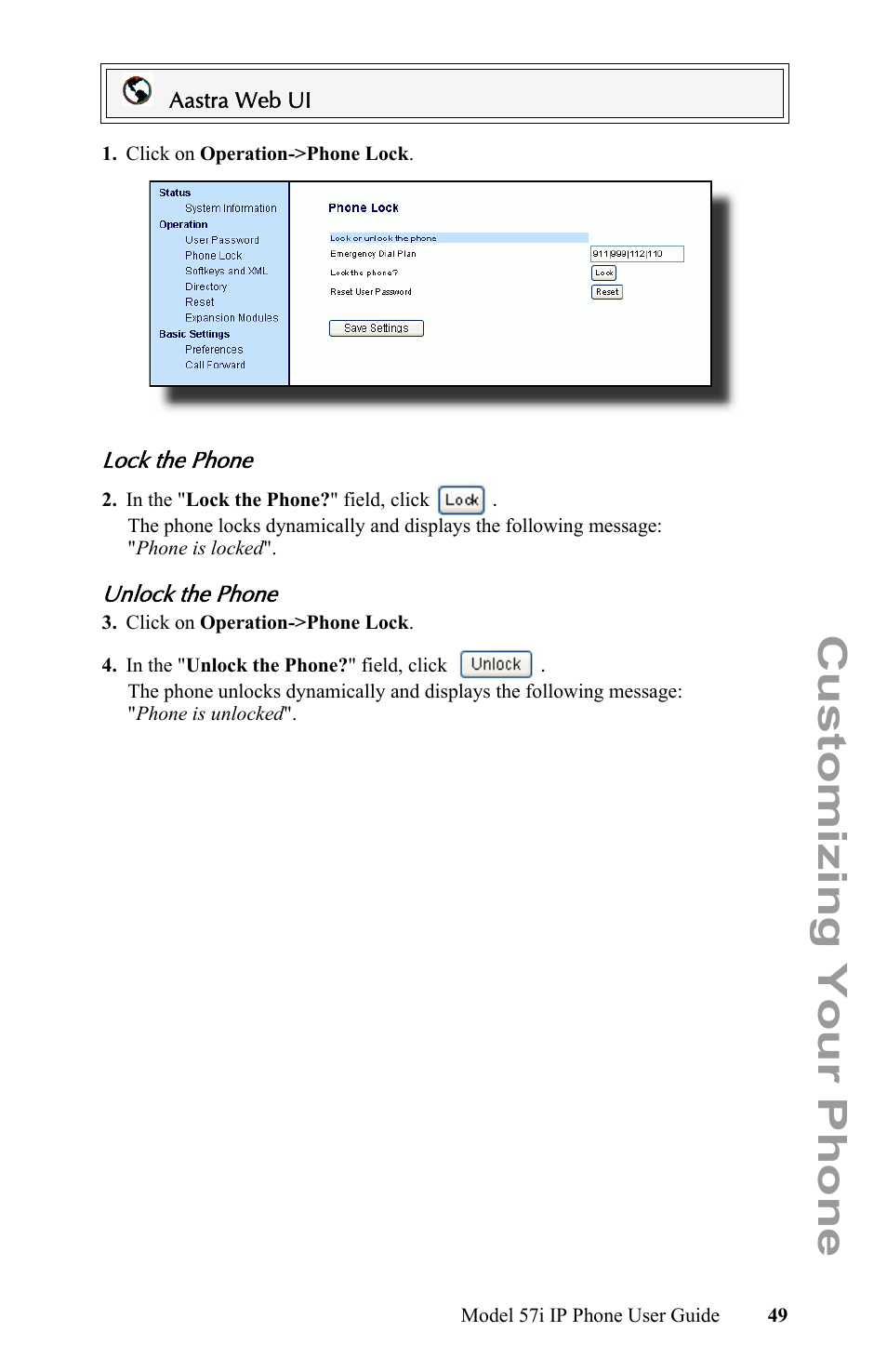 Lock the phone, Unlock the phone, Customizing your phone | Aastra Telecom IP Phone User Manual | Page 57 / 210